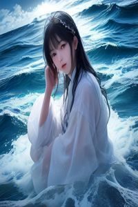 深海探险电影下载封面，深蓝海底神秘遗迹发出幽光，潜水员渺小身影